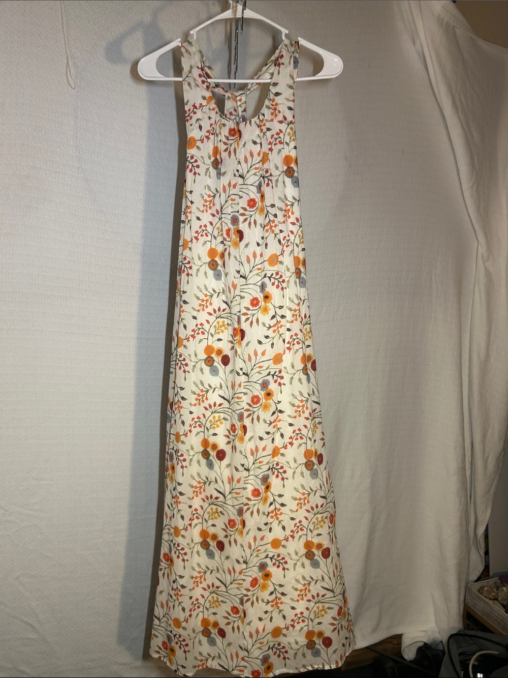 Sleeveless Cream Maxi Dress with Orange Floral Print